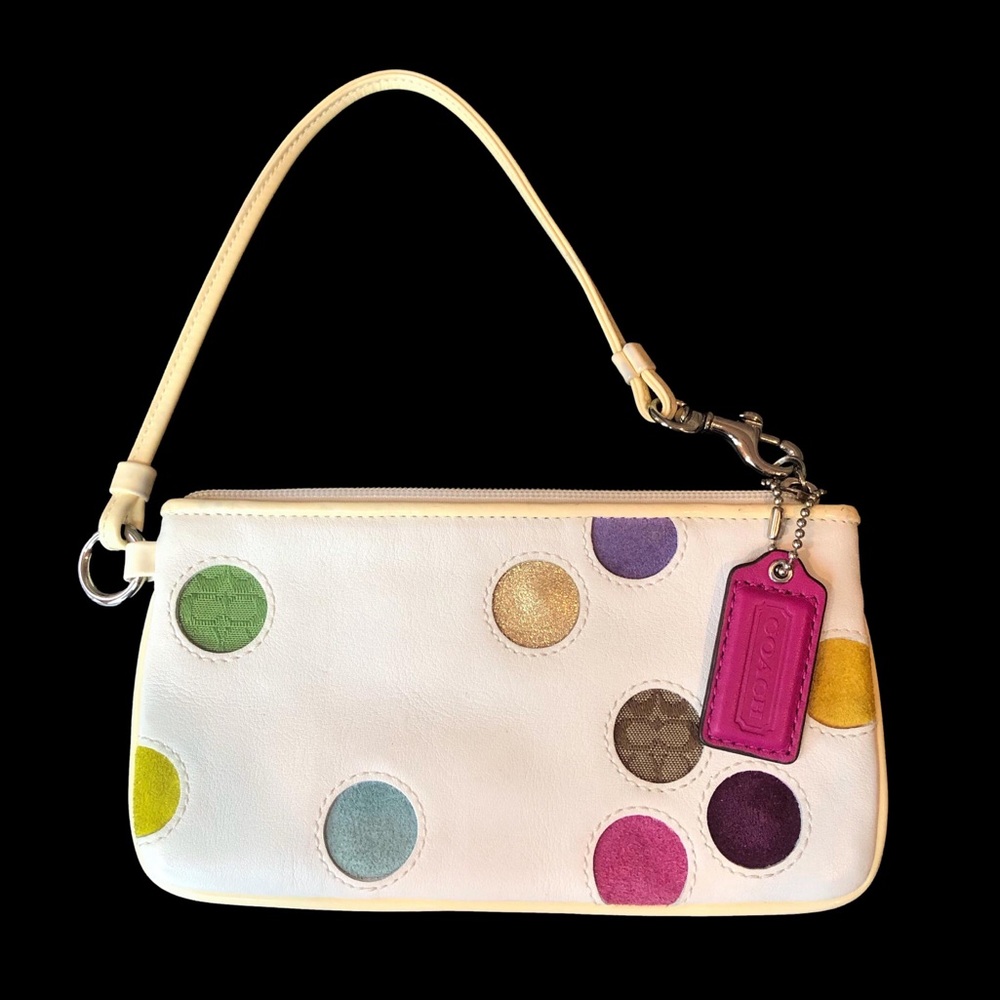 COACH White Leather Wristlet with Multicolor Polka Dots RARE